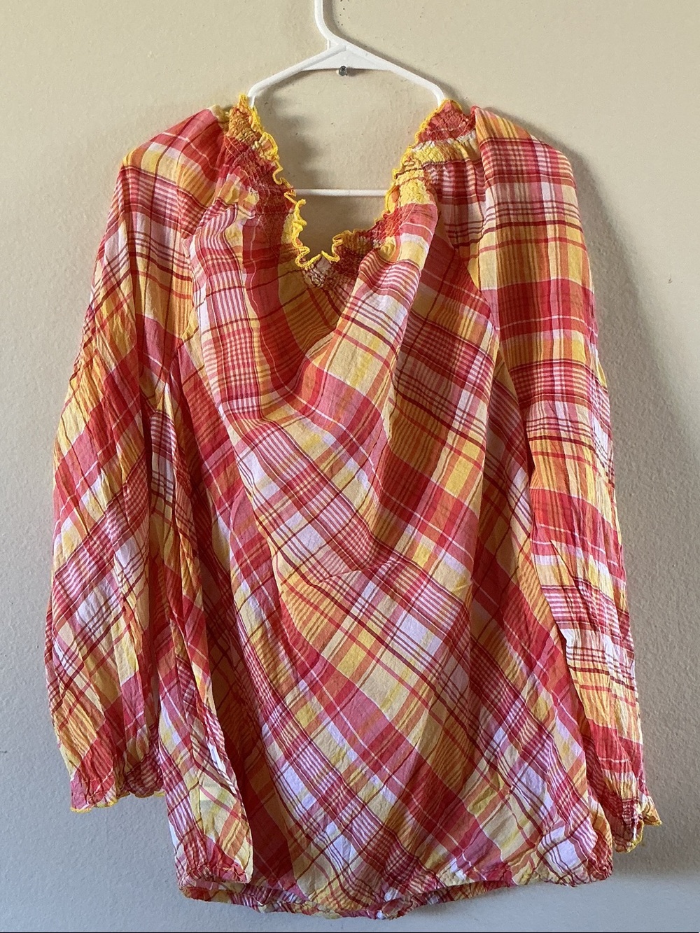 Lane Bryant Yellow & Coral Plaid Peasant Blouse - Picture 3 of 11